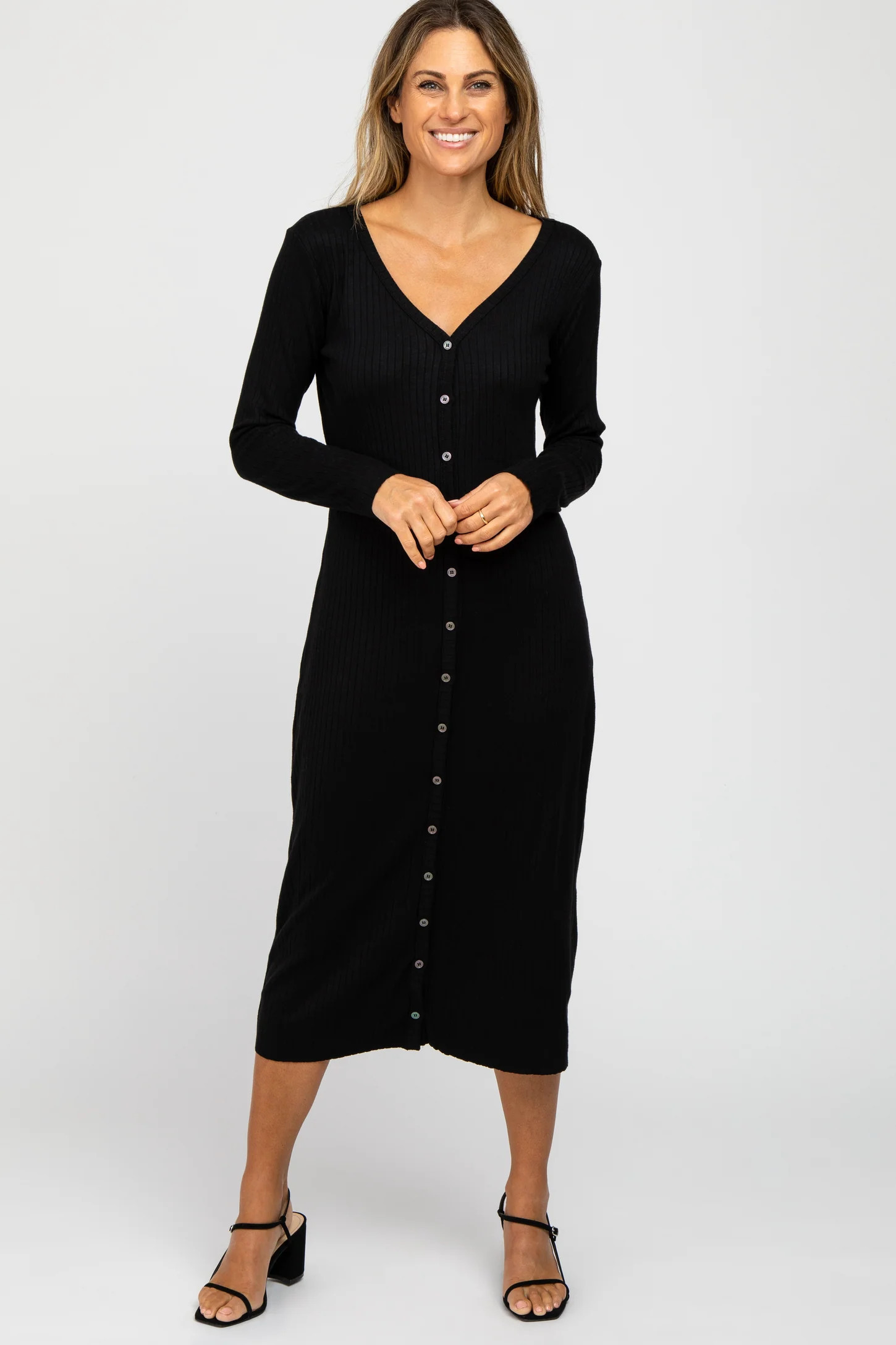 Black Ribbed Button Front Midi Cardigan Dress | PinkBlush Maternity