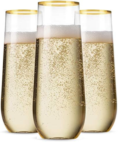 48 Pack Stemless Plastic Champagne Flutes Disposable 9 Oz Gold Rim Clear Plastic Toasting Glasses... | Amazon (US)