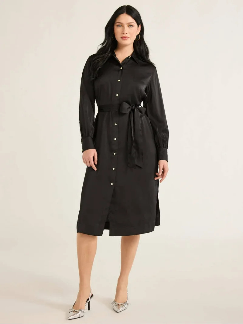 Free Assembly Women’s Belted Midi Shirtdress with Long Sleeves, Size XS-XXXL - Walmart.com | Walmart (US)
