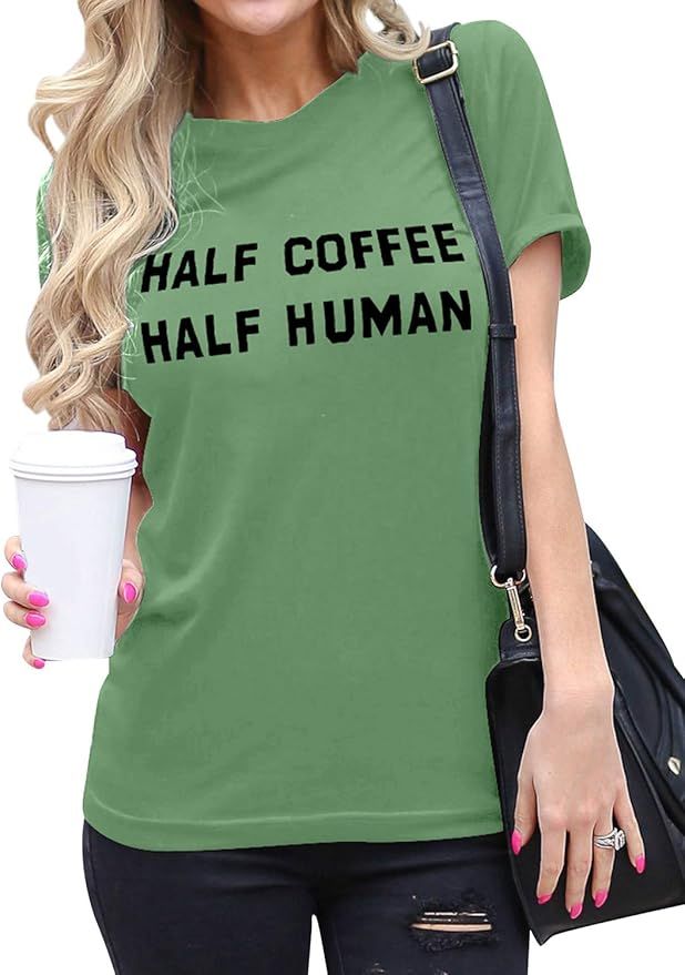 OUNAR Women Half Coffee Half Human Printed Crewneck T-Shirts Plain Stylish Tops | Amazon (US)