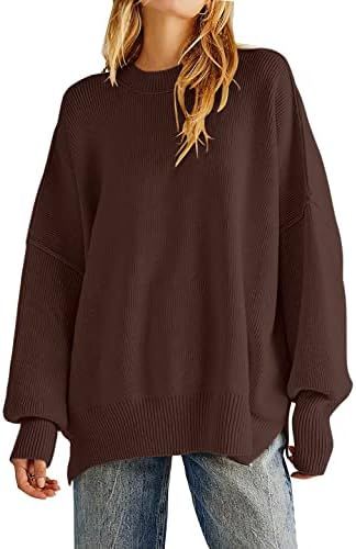 Women's Oversized Crewneck Sweaters Batwing Long Sleeve Side Slit Ribbed Knit Pullover Sweater To... | Amazon (US)