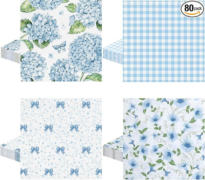 80Pcs Blue Floral Napkins, 6.5 In Hydrangea Napkins 2 Ply Vintage Decorative Napkin Flower Napkin... | Amazon (US)