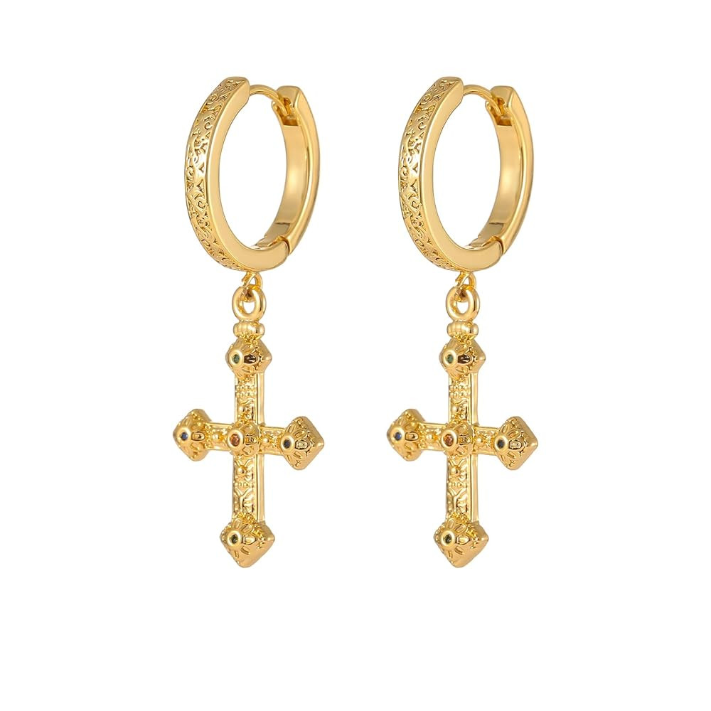 Cross Hoop Dangle Earrings 18K Gold-tone Plated Cubic Zirconia Earrings Lightweight Cross Dangle ... | Amazon (US)