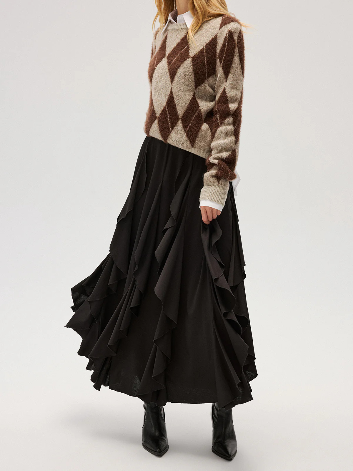 Asymmetrical Ruffle Mesh Maxi Skirt | Commense