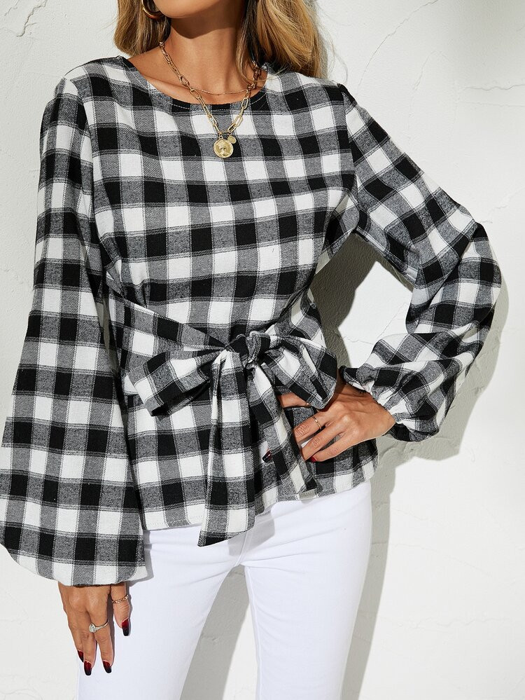 Plaid Print Lantern Sleeve Knot Front Blouse | SHEIN