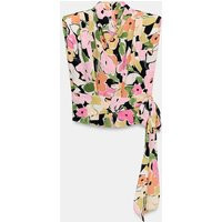 Zara - Floral Print Shoulder Pad Top With Belt - Pink / White - Xs - Woman | Zara US
