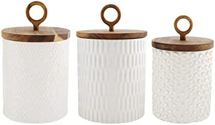 Mud Pie 49300035 85 Stoneware Canister Set, Cream, Small 8" x 4.5" | Medium 9.25" x 5.25" | Large 10 | Amazon (US)