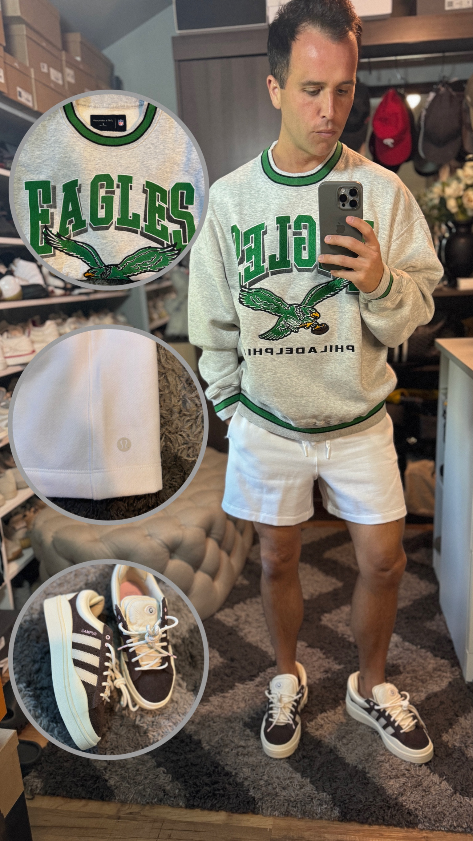 The Eagles are back and this new Abercrombie sweatshirt has to be worn. I’m ready for phillys redemption from last year’s collapse. The new nfl line from Abercrombie is already better than ever. Paired with lululemon steady state shorts and bad bunny exclusive for adidas sneakers. #mensabercrombie #nfl #eagles #nflabercrombie #philadelphiaeagles #lululemonmen #adidascampus #adidassneaker #badbunny 