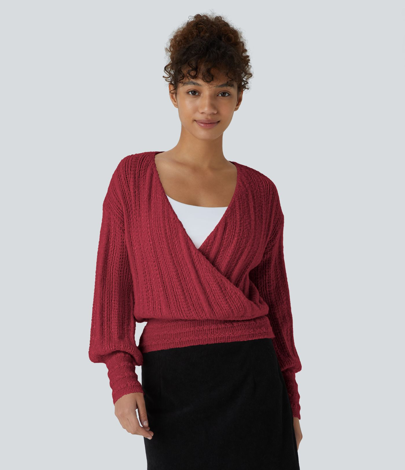 Women’s Sheer V Neck Long Sleeve Work Sweater-Front and Back Wearable - Halara | HALARA