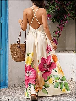 OYOANGLE Women's Floral Sleeveless Boho Maxi Dress Deep V Neck Criss Cross Backless Beach Vacatio... | Amazon (US)