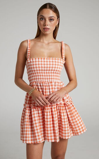 Wilda Mini Dress - Shirred Tiered Dress in Orange | Showpo (US, UK & Europe)