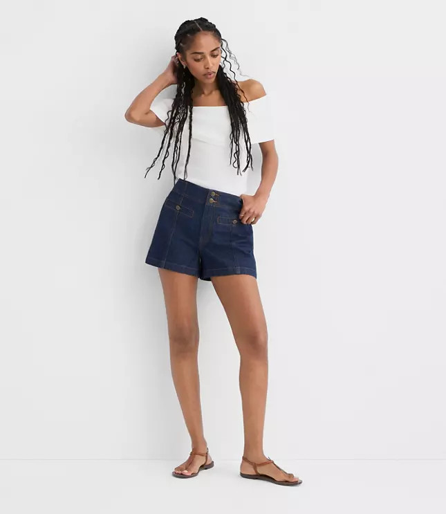 Rivete Double Shank High Rise Denim Shorts in Nova Wash | LOFT