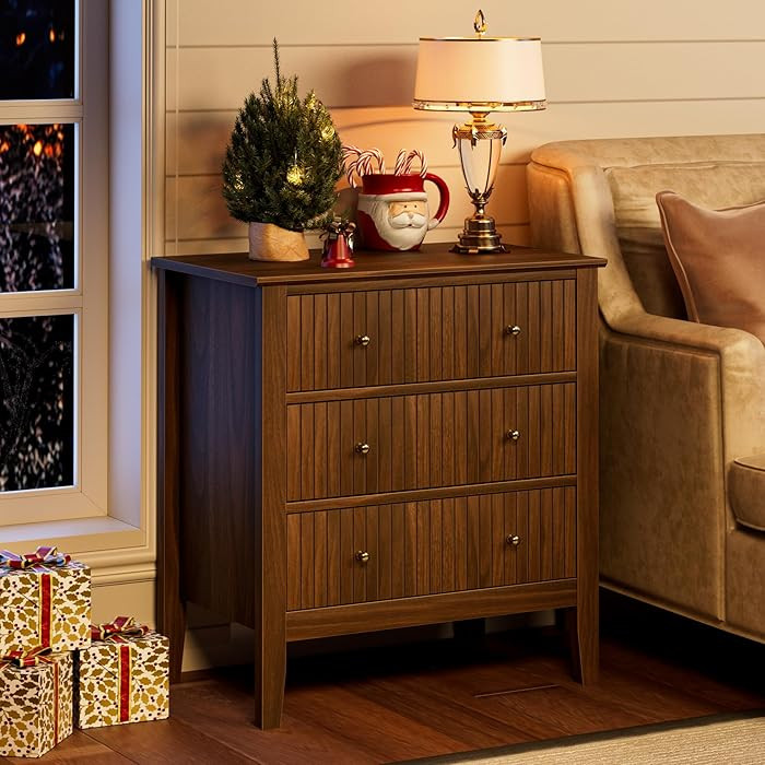 Night Stand, Fluted 3 Drawer Wide Farmhouse Nightstand with Gold Handle, Larger Wider Modern Beds... | Amazon (US)