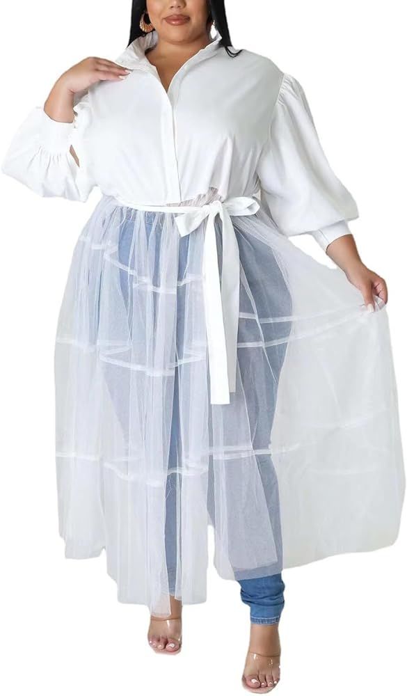 Sunlips Women's Sexy Plus Size Lapel Shirt Puff Long Sleeve Flowy Swing Dress Wedding Guest Cockt... | Amazon (US)