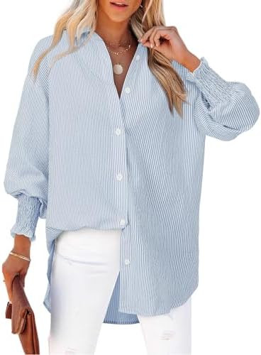 Women's Striped Button Down Shirts Long Sleeve Smocked Cuffed Oversized Boyfriend Blouses Collare... | Amazon (US)