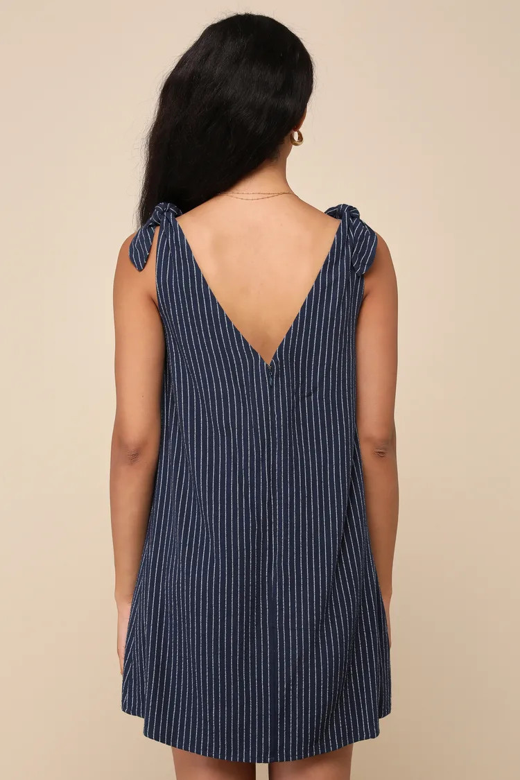 Spanish Summers Navy Striped Linen Tie-Strap Shift Mini Dress | Lulus