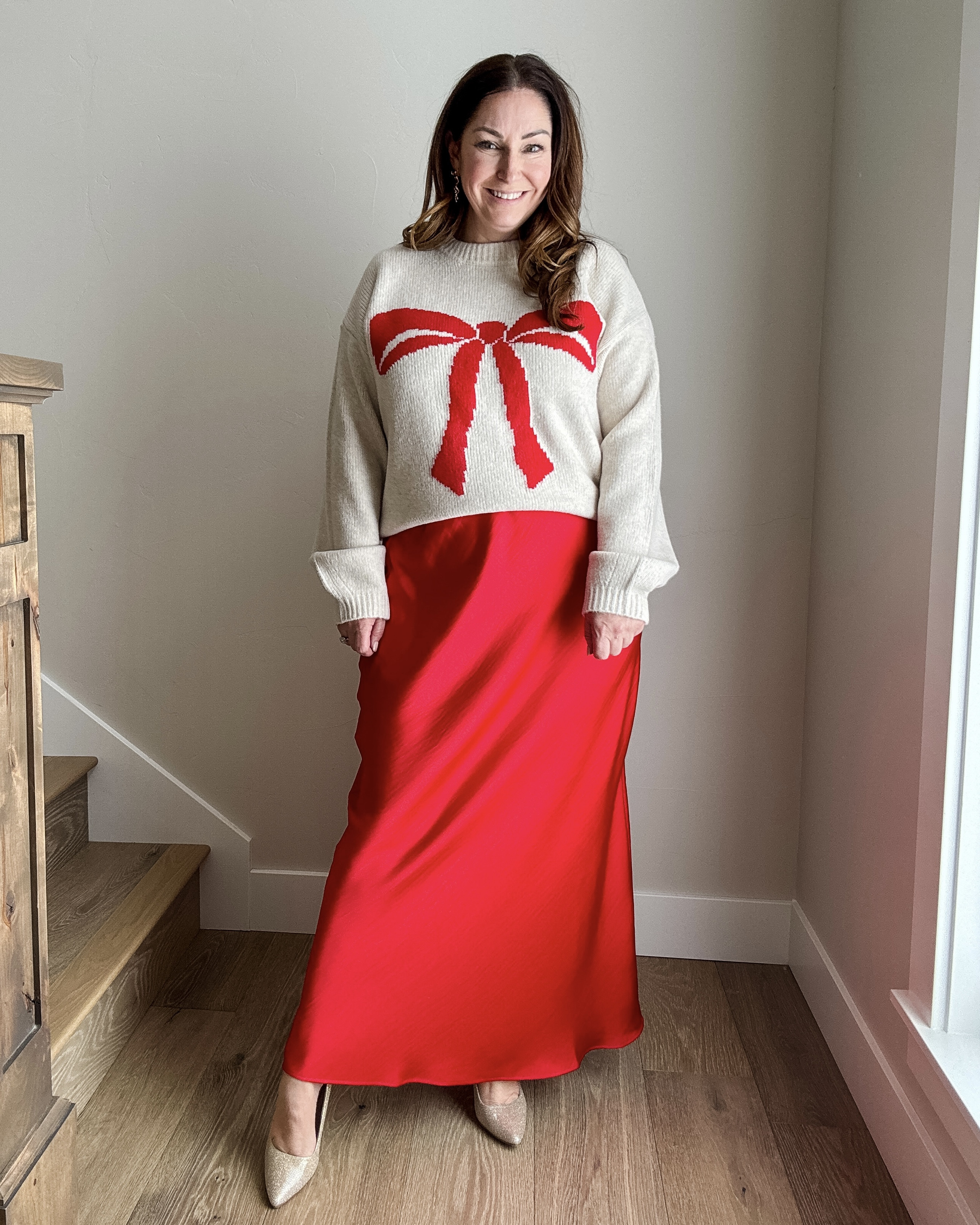 Target Bow Sweater and Red Slip Skirt outfit // Fit tips: Sweater tts, L / Skirt size up if in-between, wearing XL but have room // target fashion, bow trend, holiday party, Christmas look, casual party look, winter sweater 

 

#LTKHoliday #LTKMidsize #LTKFindsUnder50