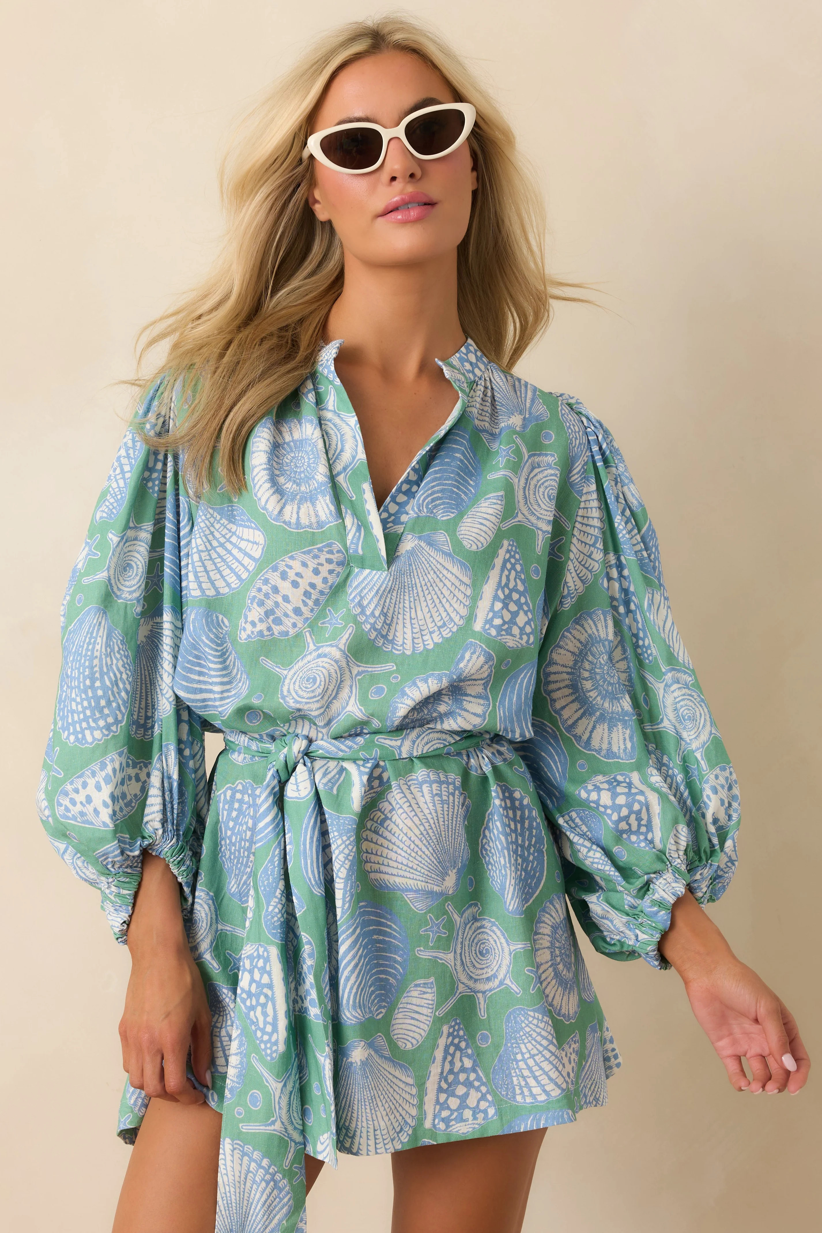 Paradisa Conch Key Oceana Blue Multi Puff Sleeve Mini Dress | Red Dress