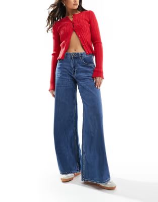 Bershka high waisted wide leg jeans in dark blue | ASOS (Global)