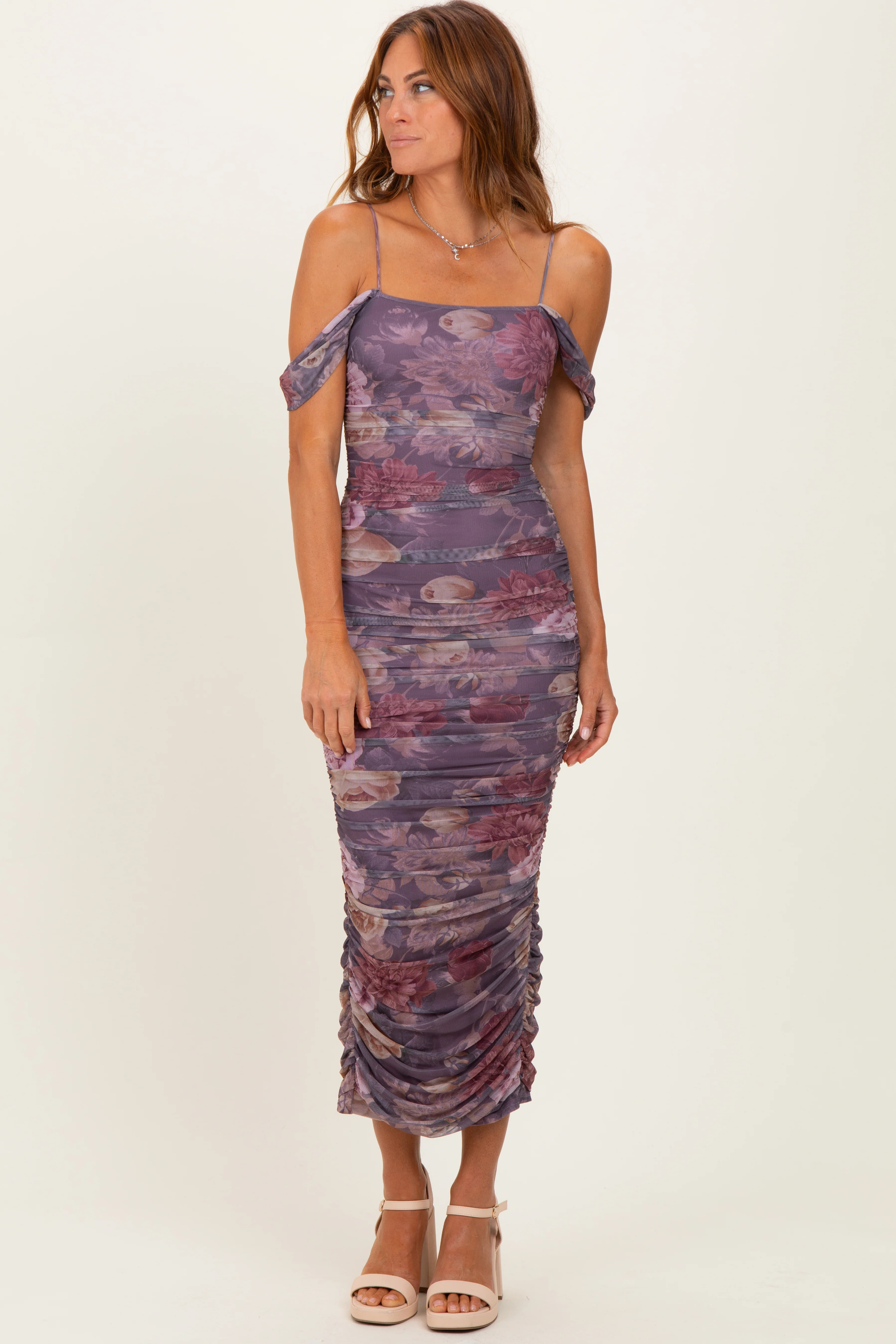Lavender Floral Ruched Midi Dress | PinkBlush Maternity