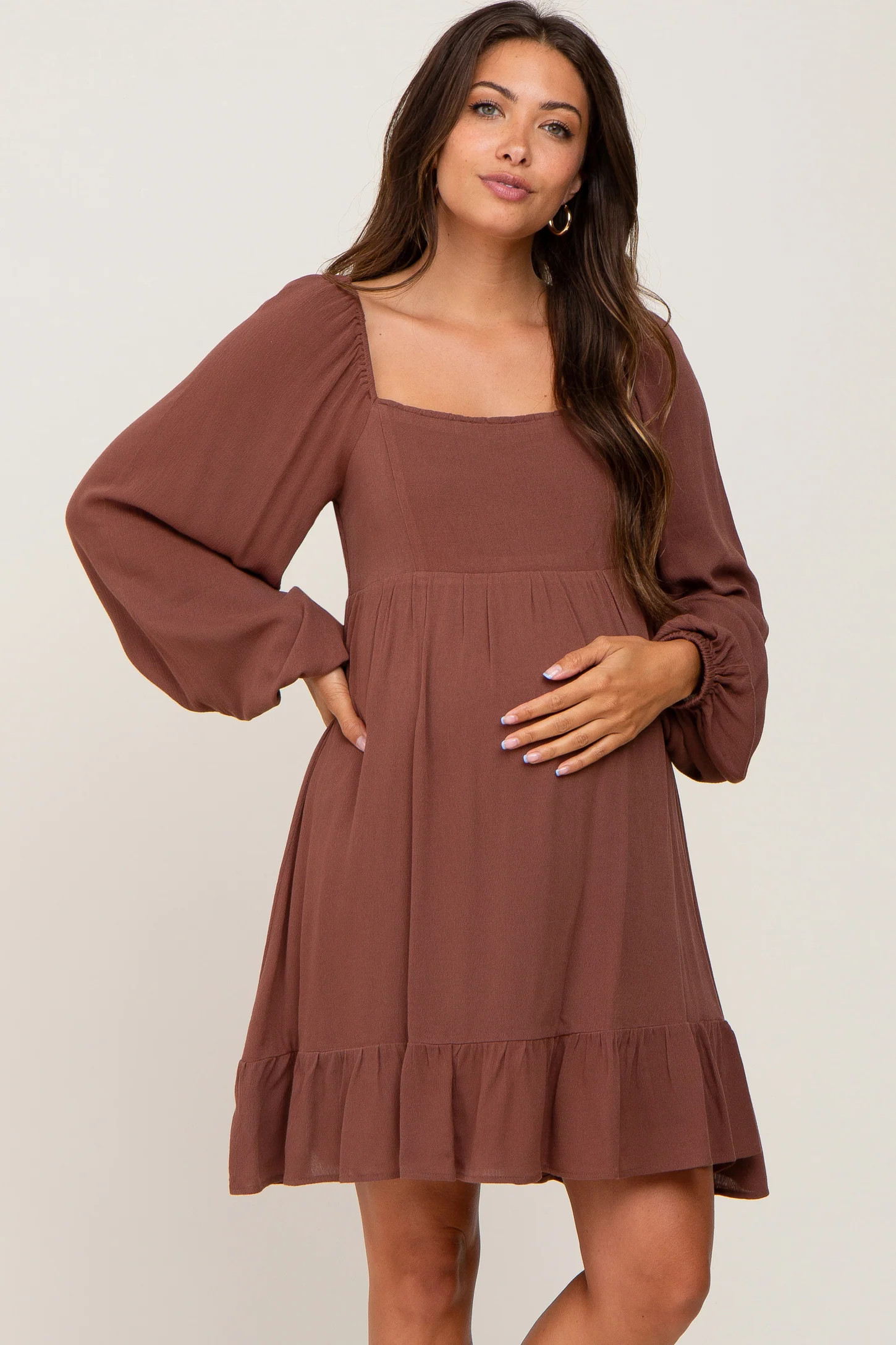 Brown Square Neck Puff Long Sleeve Maternity Dress | PinkBlush Maternity