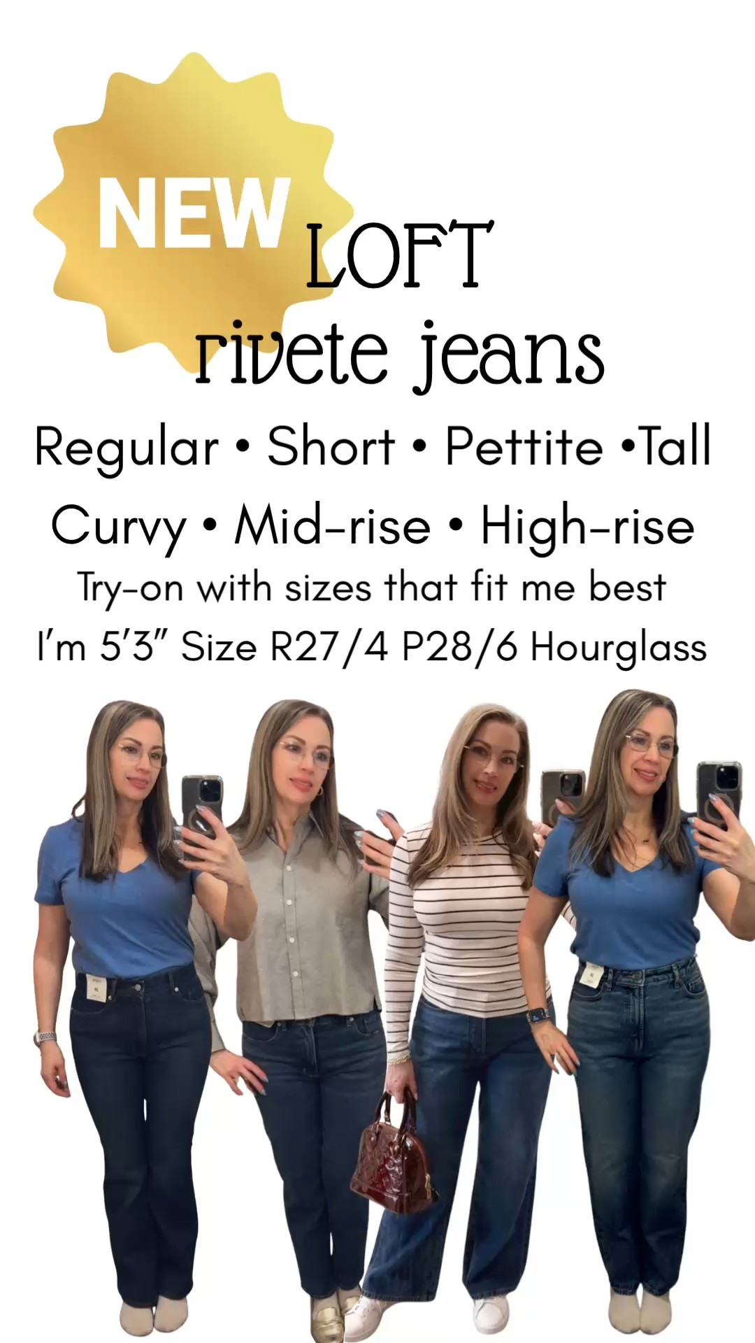 Discover the new rivete denim at LOFT! With so many sizes and styles, you're sure to find your perfect pair. 

My top two picks after trying on more styles are: 
1. The dark wash Slim Mid Rise/Regular/Regular — it has timeless lines that follow your natural curves. Since it's shorter than other styles, it hits just above my shoes, which I think is perfect for warmer months ahead. I plan to style them with a cute cropped top, a belt, and sandals. 

2. The Mid Wash Relaxed Wide Leg High Rise/Regular/Petite. Fun,I truly enjoy how fashionable and comfy these jeans are. I love the way they fit perfectly and accentuate my shape beautifully. 

All styles passed my sit test and had just the right stretch. I tagged the ones I tried on first, then listed two tops I tried on and bought, then some other denim styles available. 

If you're curious about rivete denim labels, here's a quick guide: 
Slim
Mid Rise/ Regular/ Regular — reading from left to right, it means the style, waist height, fit, and length. 

I received training on the different fits and styles, so feel free to ask me any questions you have! 

Springs look for the color Muse or Dark Wash. 

#LTKMidsize #LTKTall #LTKPetite

#LTKmomlife #LTKOver40 #LTKootd