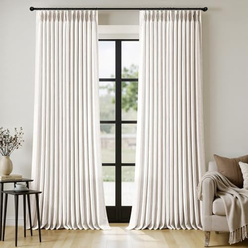 MIULEE 102 Inches Long Pinch Pleated Thick Linen Curtains 2 Panels for Living Room Bedroom, Memory Trained Linen Textured Drapes Pleat Back Tab Light Filtering Boho Natural Window Curtains with Hooks | Amazon (US)