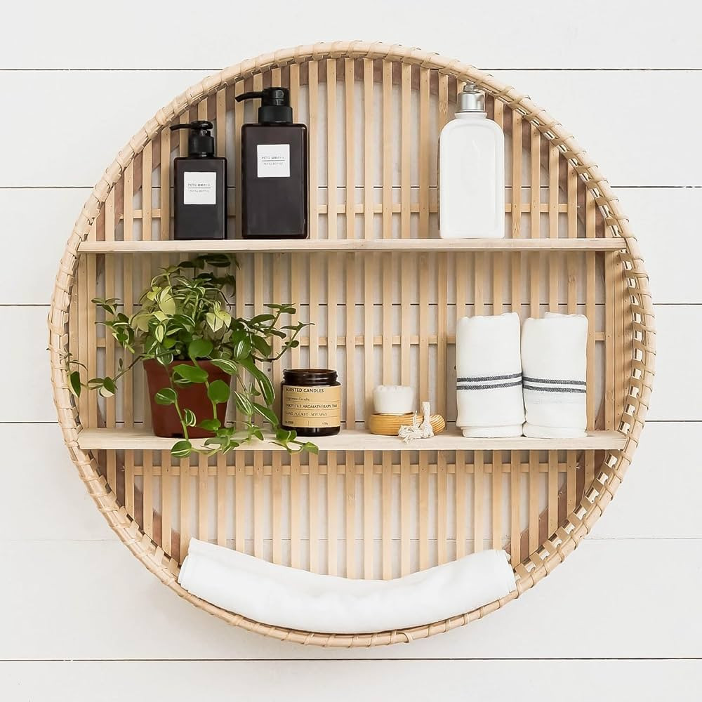Rattan Wall Shelf 3 Tier Boho Wall Mounted Shelf Farmhouse Handcraft Round Floating Shelf Display... | Amazon (US)
