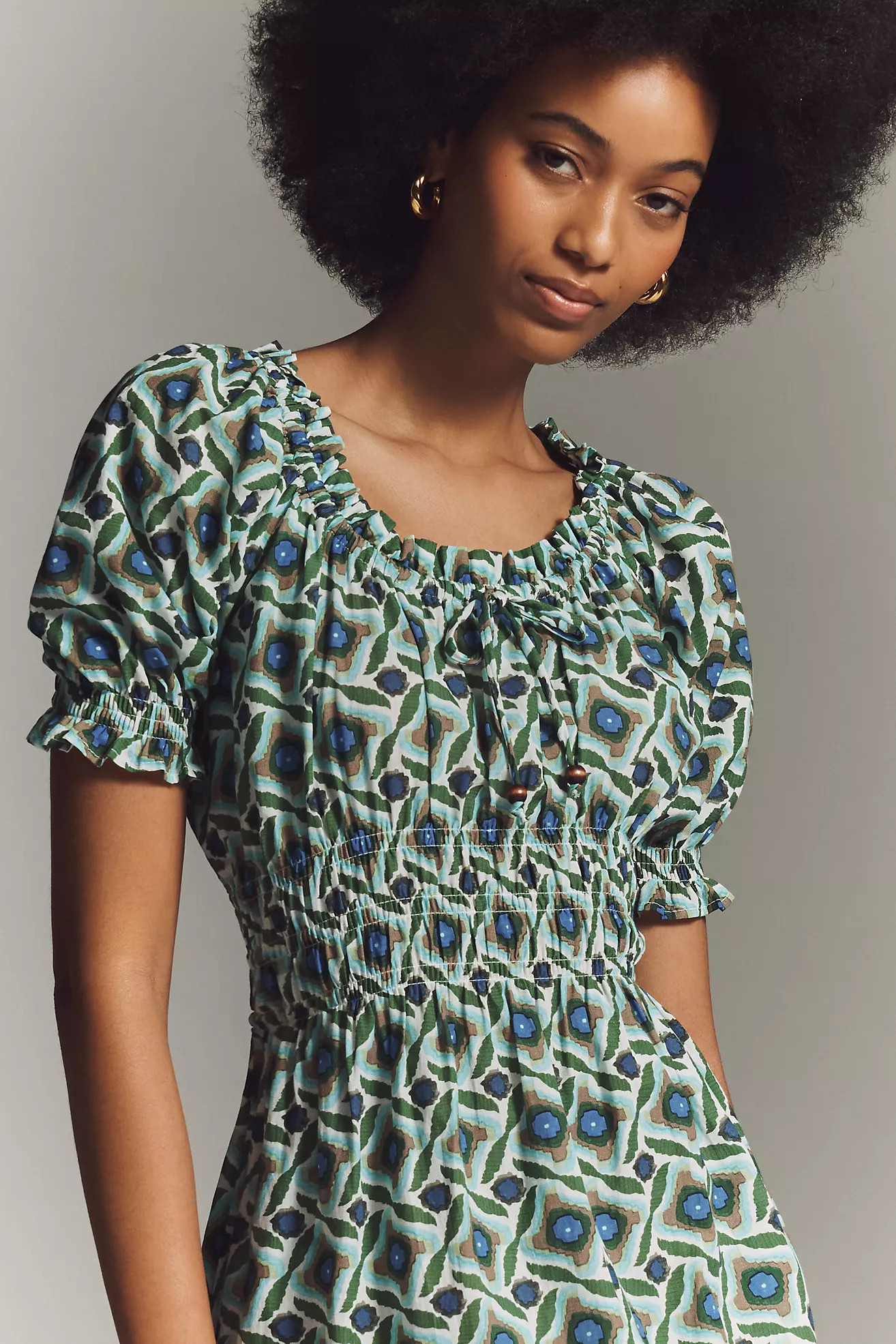 Exquise Smocked Puff Sleeve Midi Dress | Anthropologie (US)