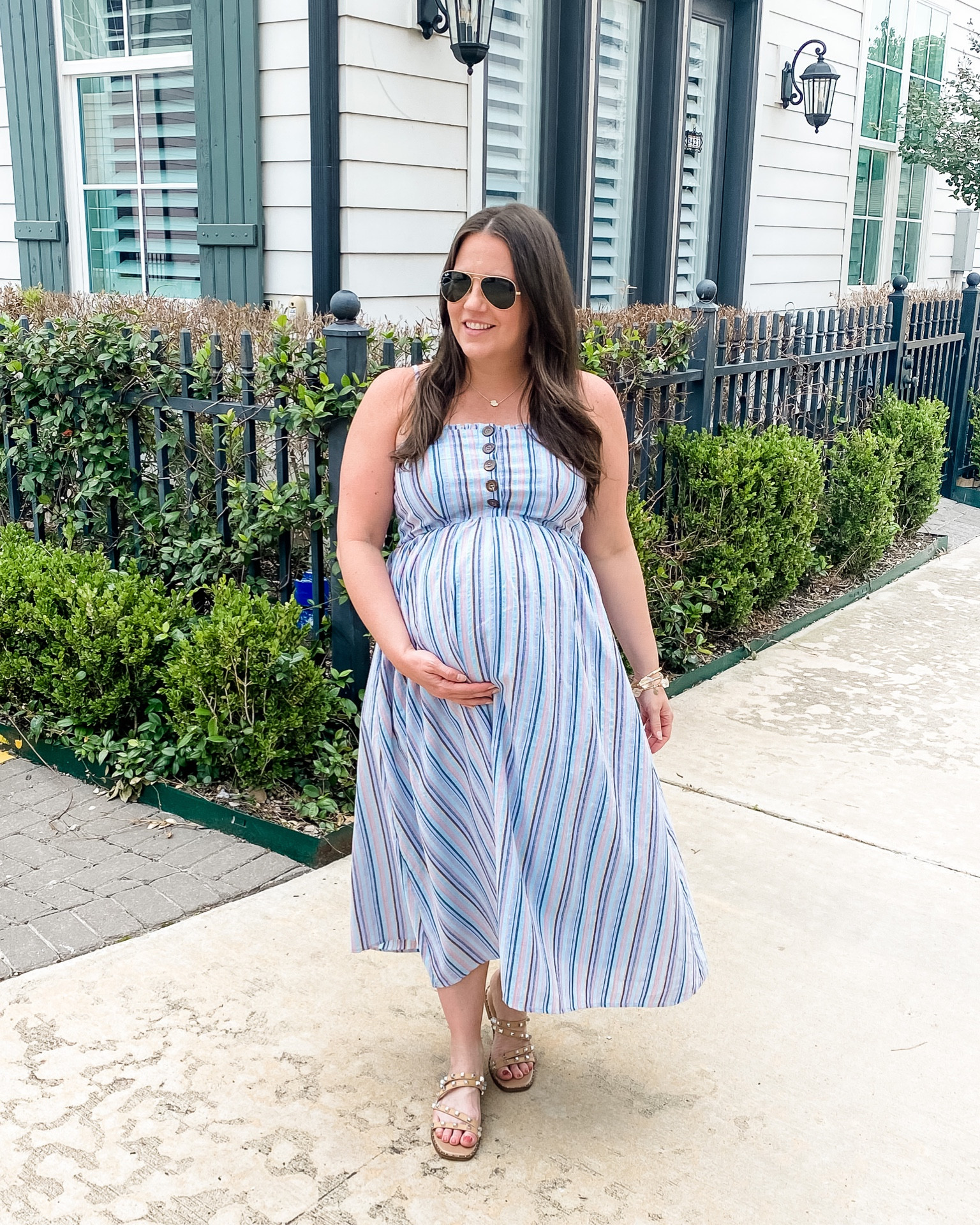 Spring outfits / maternity outfit / midi dress / blue striped dress / pregnancy dresses / target sandals / stone bangles  

#LTKbump #LTKunder100 #LTKSeasonal