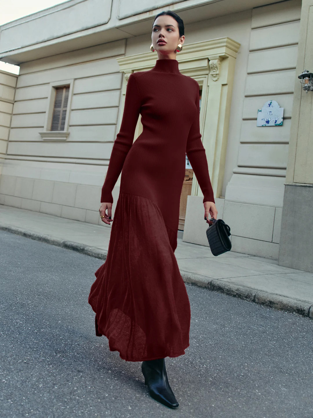 Mock Neck  Pleated Panel Sweater Dress | Commense