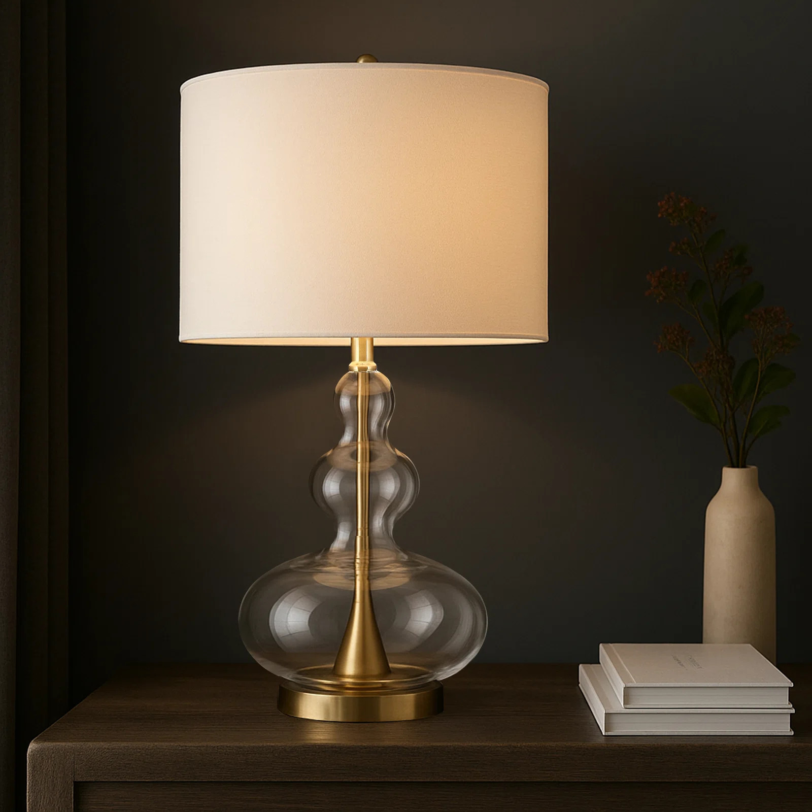 Glass Table Lamp With Brass Base And White Drum Shade | Wayfair North America