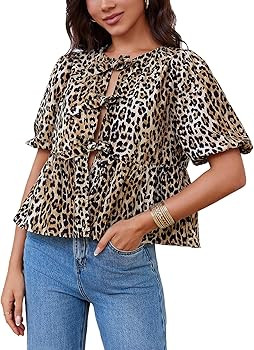 Tankaneo Womens Tie Front Tops Summer Peplum Babydoll Puff Short Sleeve Blouse Cute Cotton Shirts | Amazon (US)