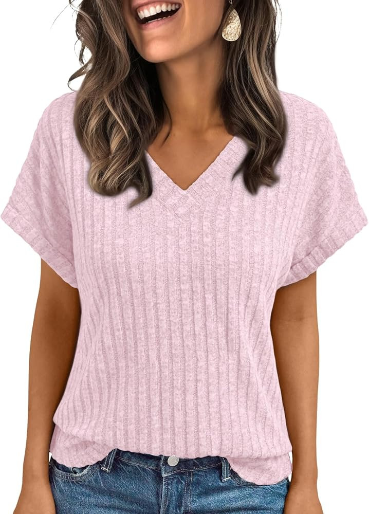 AUTOMET Womens Spring Tops 2026 Summer Dressy Casual Blouses Short Sleeve Cute V Neck Sweater Shi... | Amazon (US)