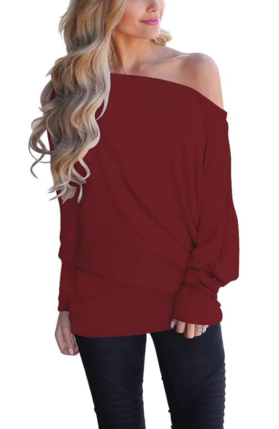 EZBELLE Womens Oversized Sweaters Off The Shoulder Tops Long Sleeve Pullover Sweater Knit Jumper | Amazon (US)