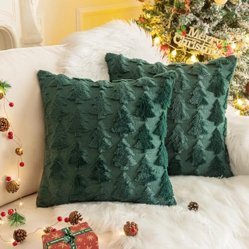 AQOTHES Set of 2 Christmas Tree Green Throw Pillow Covers 24x24 Inch, Soft Faux Fur Green Decorative Xmas Throw Pillows for Couch Sofa Holiday Winter Decor | Amazon (US)