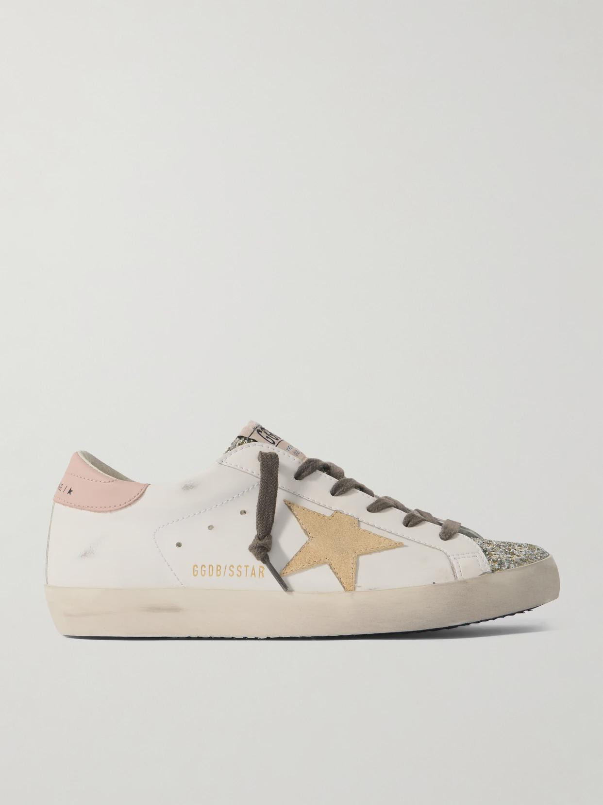Golden Goose - Super-star Distressed Suede-trimmed Glittered Leather Sneakers - White | NET-A-PORTER (US)