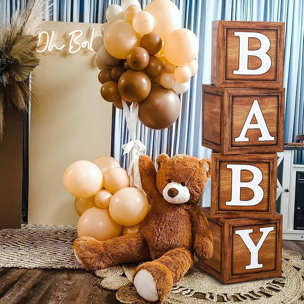 Baby Shower Boxes for Birthday Party Decorations - 4 Wood Grain Brown Blocks with BABY Letter, Pr... | Amazon (US)