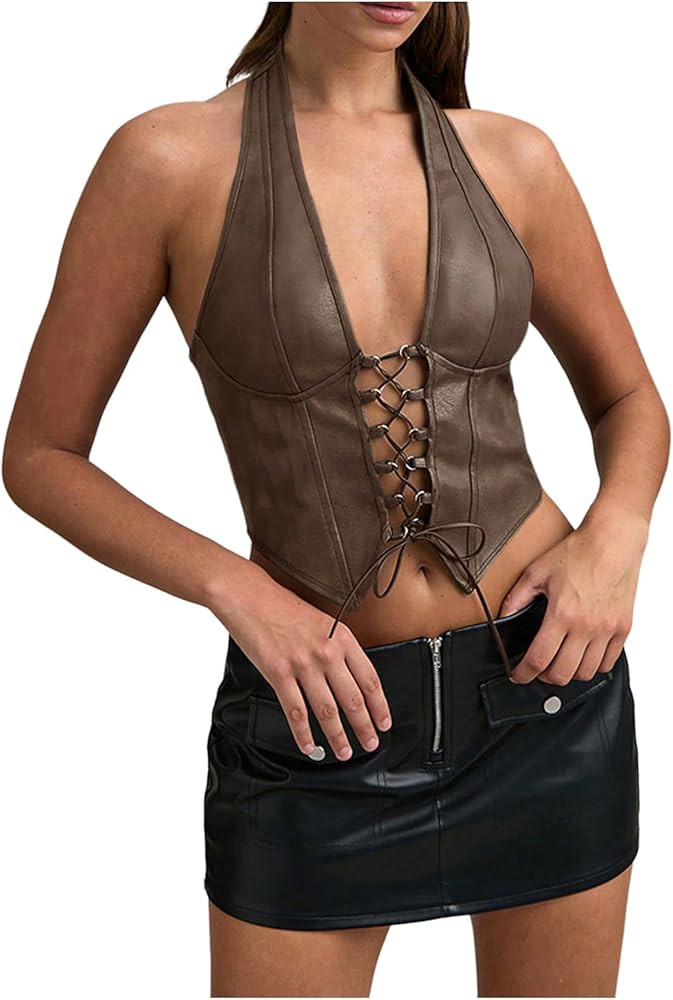 SOLY HUX Women's PU Leather Halter Top Lace Up Sleeveless Backless Y2k Crop Tank Tops | Amazon (US)