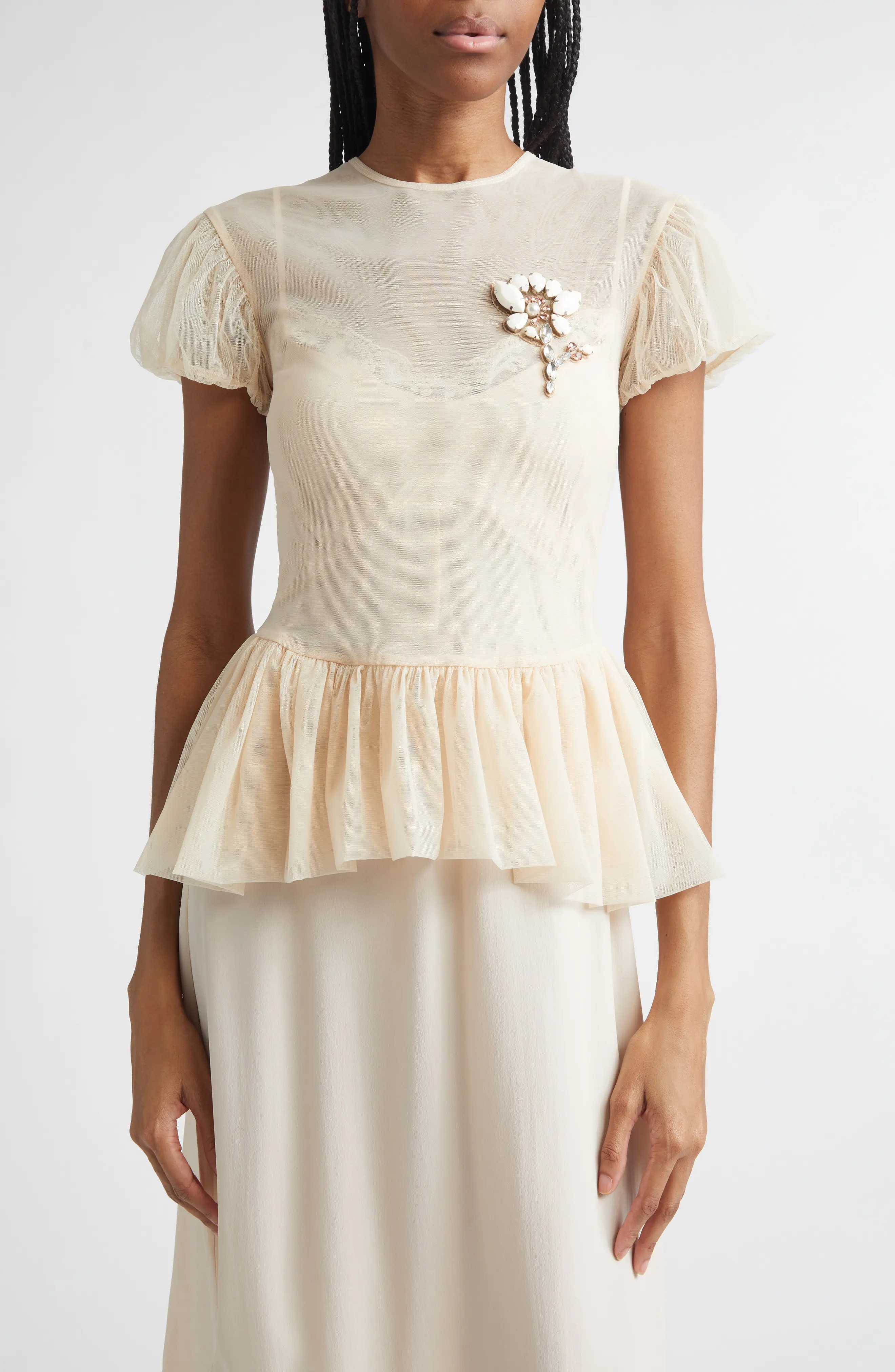 Simone Rocha Floral Embellished Sheer Tulle Peplum Top (Women) | Nordstrom | Nordstrom