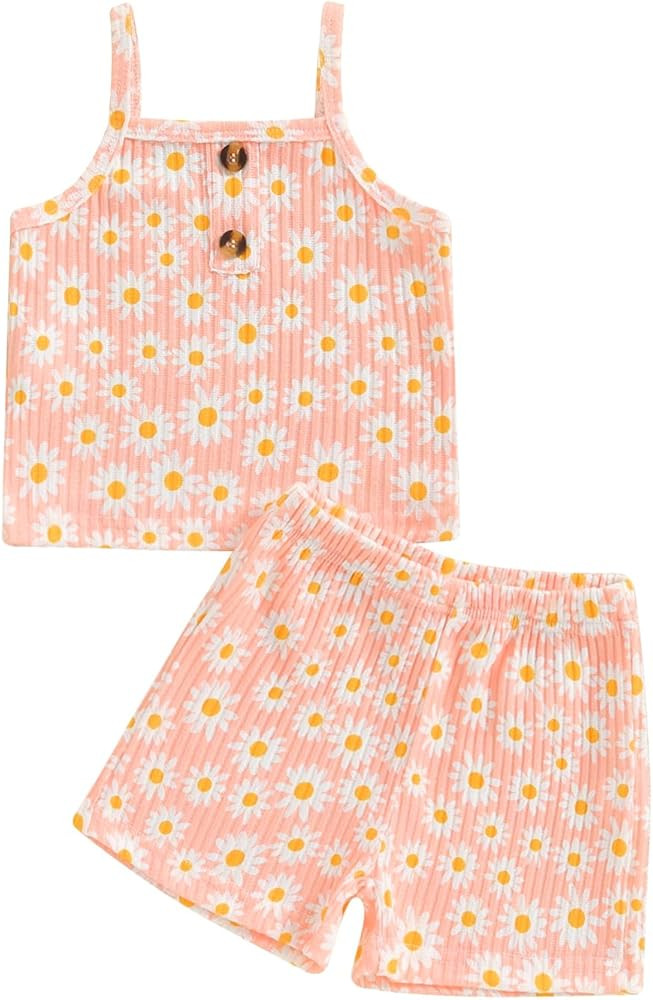 Rtnnsbbfcm Toddler Baby Girl Clothes Summer Outfit Sleeveless Daisy Print Knit Ribbed Strap Tank ... | Amazon (US)