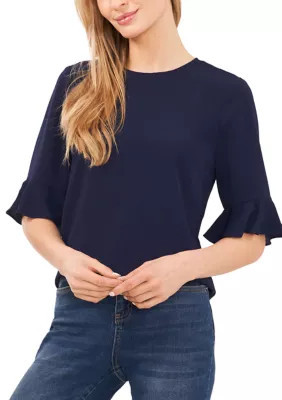 CeCe Women's Petite Ruffle Crew Neck Blouse, Navy Blue, PL | Belk