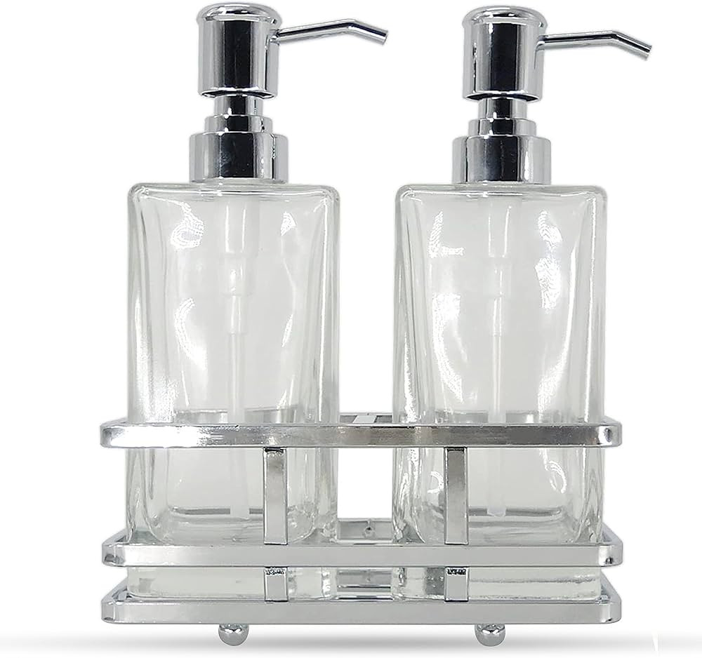 Square Glass Clear Lotion and Soap Pump Dispenser Set with Metal Stand Caddy for Bathroom Bath Ki... | Amazon (US)