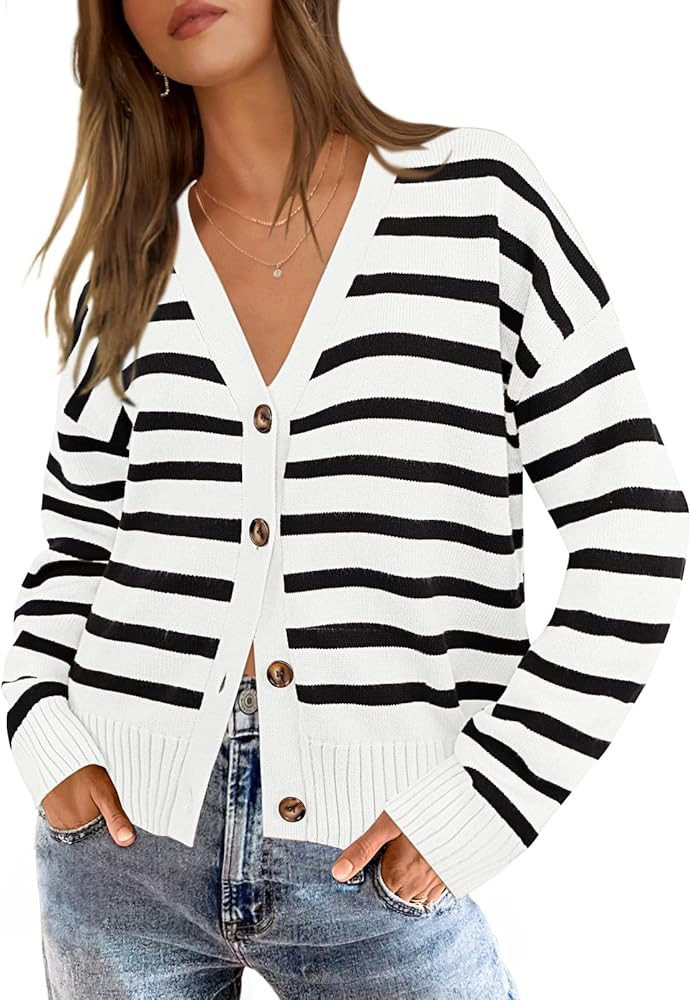 MEROKEETY Women's 2024 Long Sleeve Fall Cardigan Sweaters Striped Button Down V Neck Open Front K... | Amazon (US)