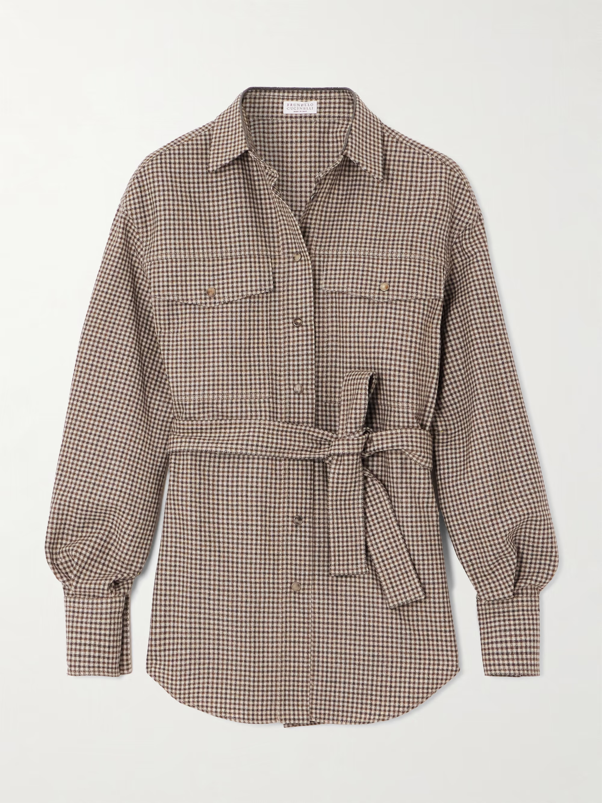 Belted bead-embellished checked wool shirt | NET-A-PORTER (US)
