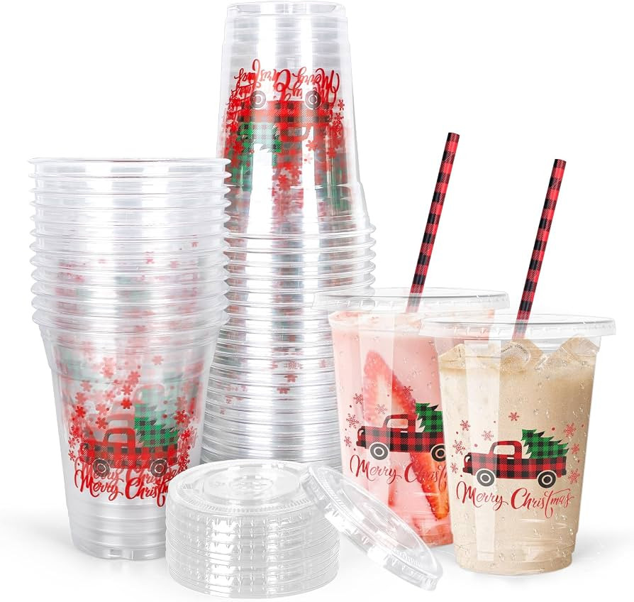 Whaline 50Pcs Merry Christmas Party Cups Plaid Truck Snowflake Tree Disposable Clear Plastic Cups... | Amazon (US)