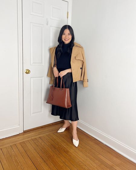 Cropped trench coat (XS)
Black sweater (XS)
Black midi skirt (S)
Brown tote bag
White pumps (1/2 size up)
Smart casual outfit
Business casual outfit
Spring work outfit
Neutral outfit

#LTKstyletip #LTKworkwear #LTKfindsunder50