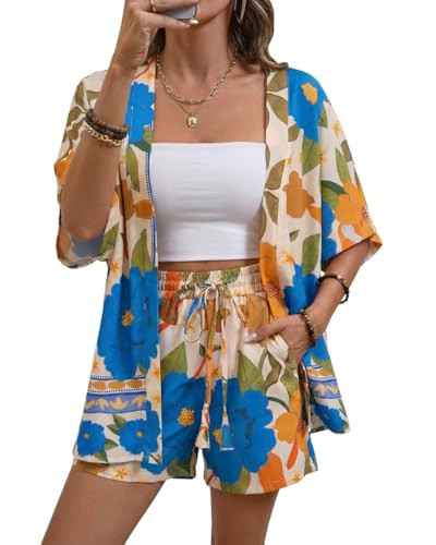 CHICME Women's 2 Piece Outfit Floral Print Cover Up Half Sleeve Blouse Shorts Set Summer Beach Vacation Resort Wear-bl-L | Amazon (US)