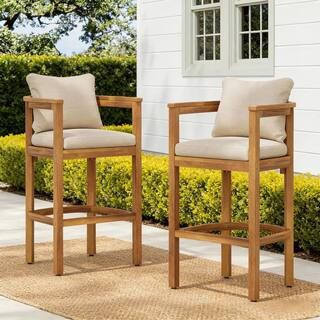 Wood Outdoor Bar Stool Patio Bar Chair with 4 Sturdy Legs, Beige Seat Cushion and Back Cushion (2 Pack) | The Home Depot