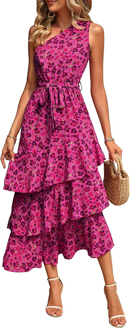 PRETTYGARDEN Women's Summer Floral Sundress Casual One Shoulder Tiered Ruffle Flowy Midi Beach Bo... | Amazon (US)